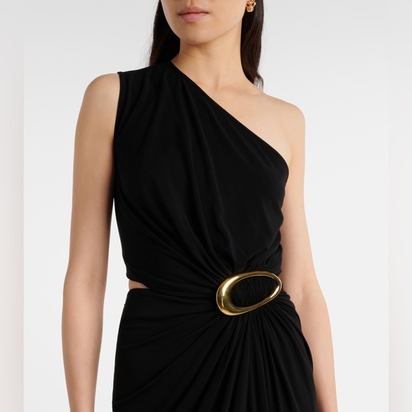 Bottega Veneta Cut-Out Gathered Black Midi Dress with Gold Embellishment NEW - Picture 3 of 13